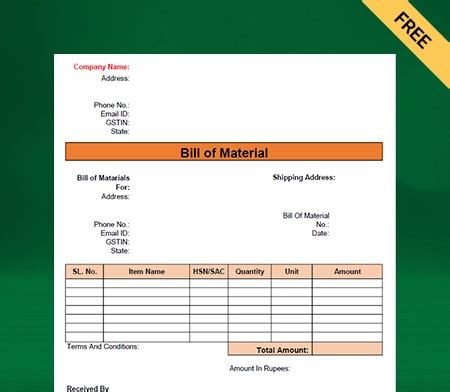 Bill of Material Format - Free Download
