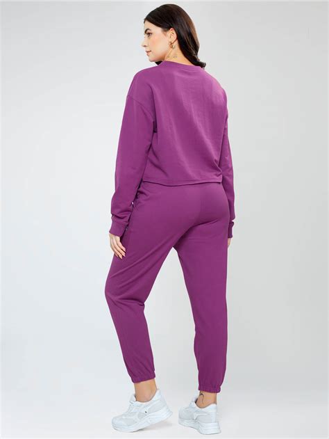 ZEYO Women Cotton Purple Track suit Typography Printed Crop Top Co-ord