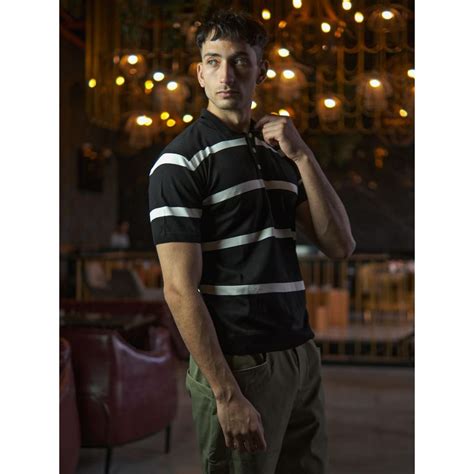 Buy Odette Franco Black Cotton Rib Polo T-Shirt for Men Online