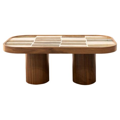 Modern Oval Coffee Table in Walnut Wood Cylinder Base and Glass by ...