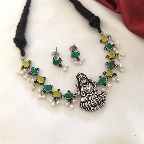 Oxyjewels Temple Lakshmi Green-Yellow Oxidised Jewellery Set with ...
