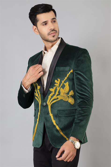 Wintage Men's Dust Free Velvet Green Tuxedo with Gold Embroidery