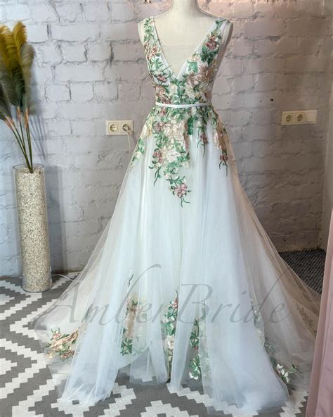 Colorful Floral Wedding Dress Rustic Forest Wedding Dress Romantic Wildflower Wedding Dress Boho ...