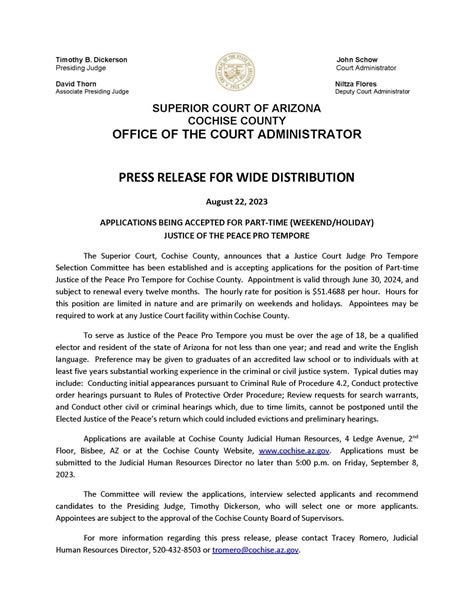 📰 NEWS RELEASE The Superior Court, Cochise County, announces that a ...