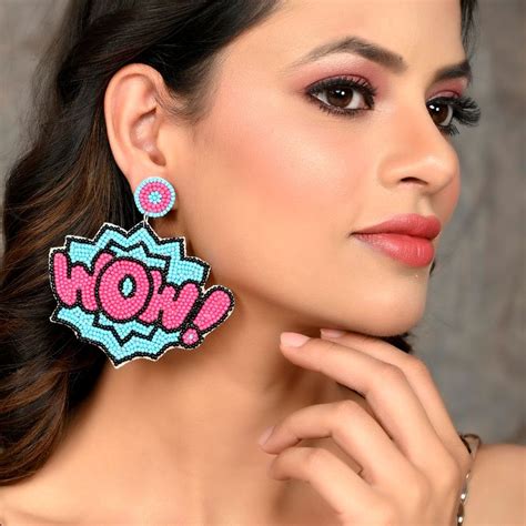 Buy Shoshaa Pink and Blue Wow Shape Pattern Drop Earrings Online