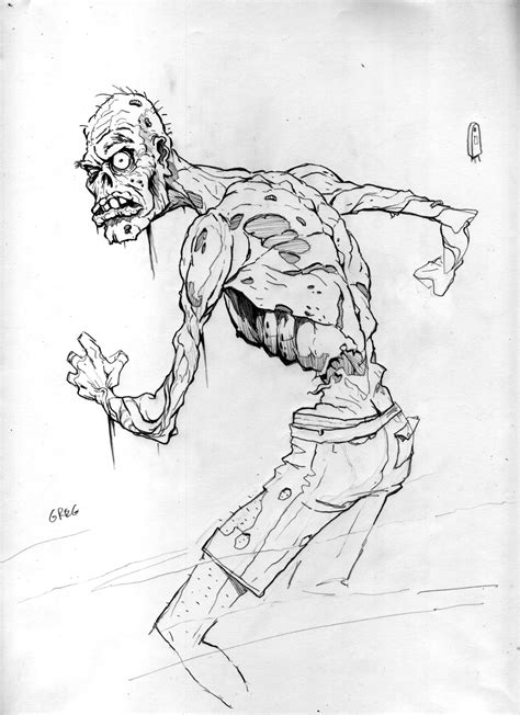 a black and white drawing of a zombie
