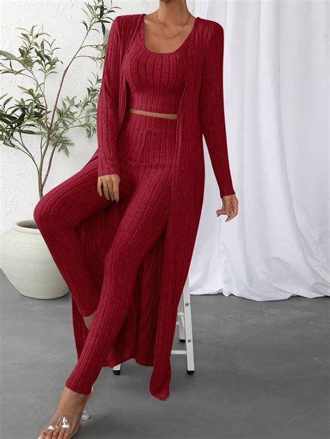 SHEIN Essnce Solid Crop Tank Top & Leggings & Open Front Coat | SHEIN USA