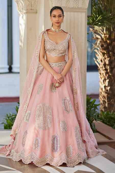 Buy Pink Organza Embroidery Aari Leaf Neck Zardozi Bridal Lehenga Set ...