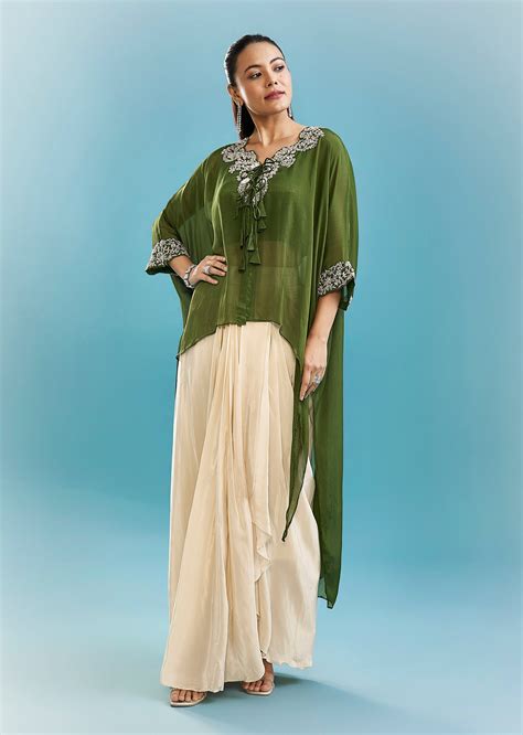 Buy Green Indo-Western Drape Skirt Set With Cut Dana And Beads Work ...
