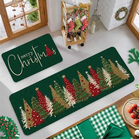 Fasiaou 2 Packs 2PCS Festive Christmas Kitchen Rugs Non Slip Holiday ...