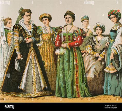 History of Italy. 1500-1600. Madam's dresses. Chromolithography. "Historia Universal", by César ... - history of italy