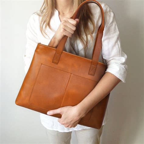 Women’s Leather Tote Bag with Front Pockets – Structured Laptop Should ...