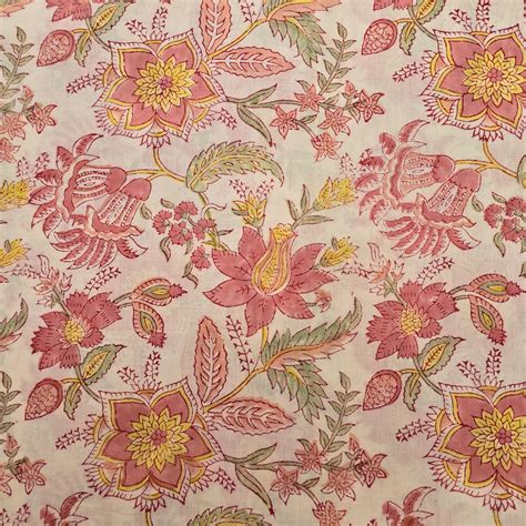 Pre Cut (0.80 Meter) Pure Cotton Jaipuri Peach With Onion Jaal Hand Bl ...