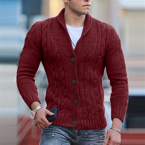 Winter Red Sweater Coats For Men Mens Cable Knit Cardigan Shawl Collar ...