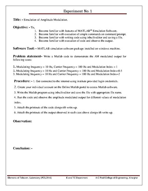 Experiment No. 1: Simulation of AM Modulation in MATLAB - Studocu