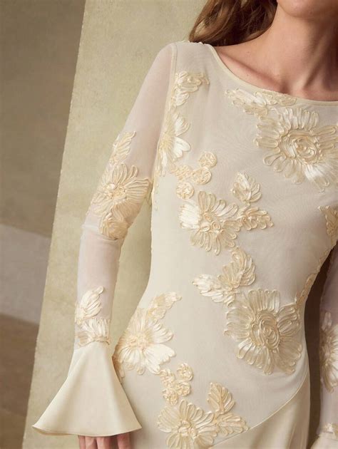 MOTF PREMIUM WOMEN ELASTIC MESH EMBROIDERY PATCHWORK FLARE SLEEVE LONG ...