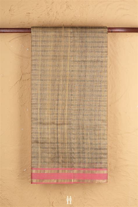 Jute Saree In Greenish Brown With Stripes Design
