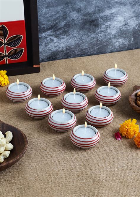 Get Hand-Made Red Spiral Blue Ceramic Tea Light Holders/ Diyas Set Of ...