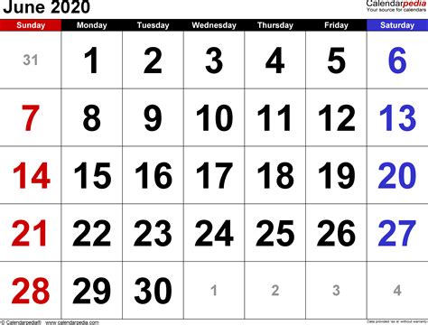 June 2020 - calendar templates for Word, Excel and PDF