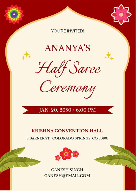 Free Half Saree Ceremony Invitation Template to Edit Online