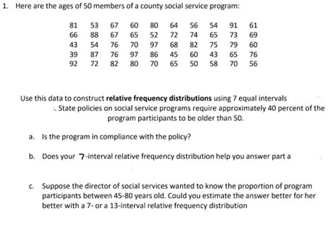 Solved: Here are the ages of 50 members of a county social service ...