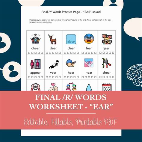 Final /R/ Words "EAR" Sound Worksheet for Speech Therapy (Editable ...