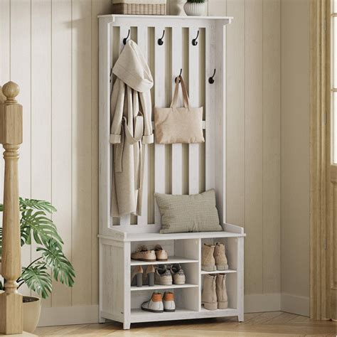 Minimalist White Entryway Hall Tree With Shoe Rack and Bench – Decor Smart