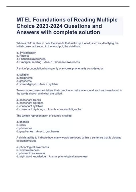 MTEL Foundations of Reading Multiple Choice Questions and Answers with ...