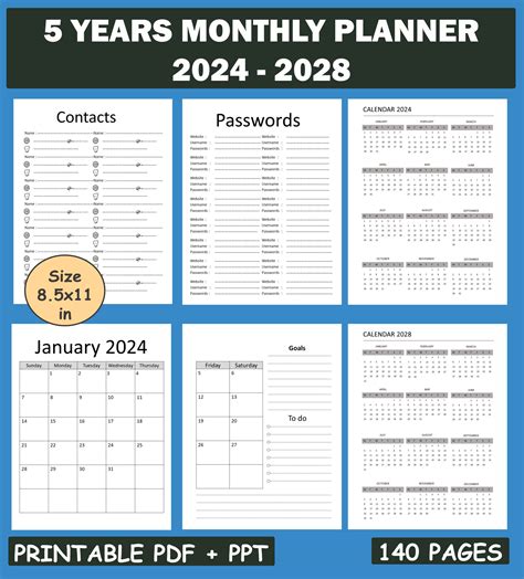 Printable 2024 2028 5 Year Calendar, 2024 Printable Calendar, 2025 ...