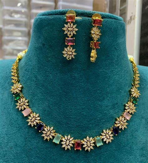 Premium Gold plated Zercon Multicolor CZ stone Necklace Set 22073N ...