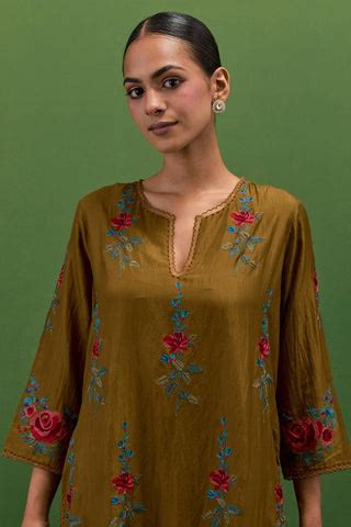 Golden olive silk straight kurta set with all-over rose embroidery and ...