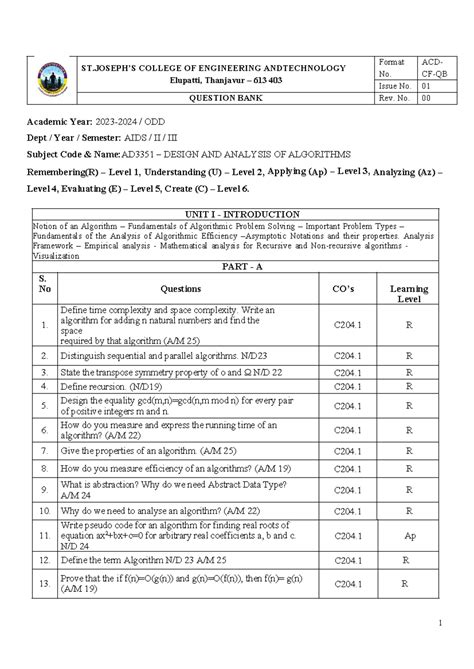 AD3351 DAA Question Bank: Comprehensive Study Guide - Studocu