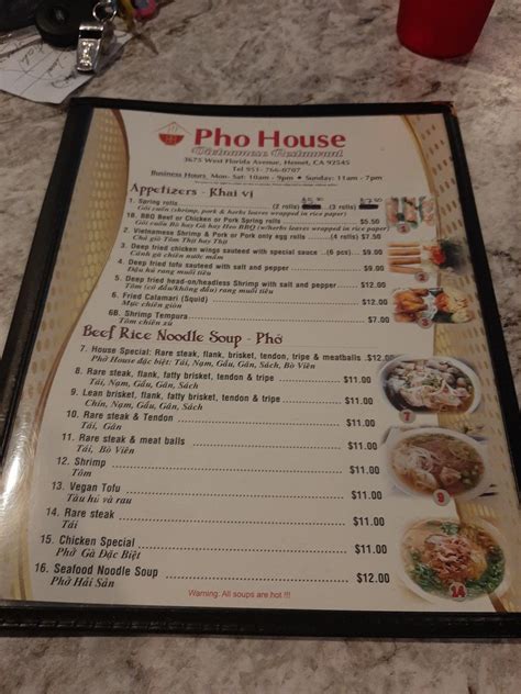 Menu at Pho House restaurant, Hemet