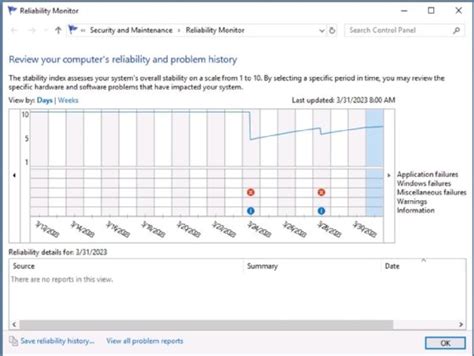 Image result for Windows Reliability Monitor Control Panel System