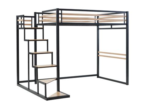 Lit mezzanine 140 x 200 cm en métal et MDF coloris noir et naturel - JOGUI