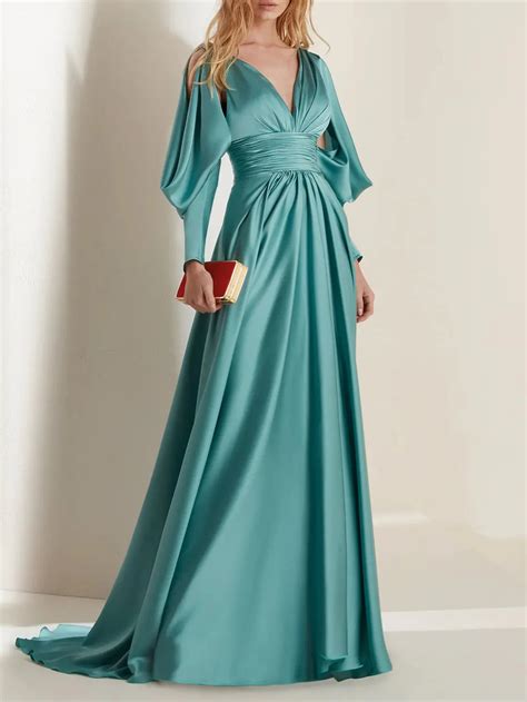 A-Line V Neck Long Sleeves Floor Length Evening Dresses – BL Dress