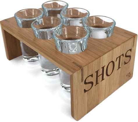 Shot Glass Set (6 Glasses) in Stylish Vintage Bamboo Shot Glass Holder ...