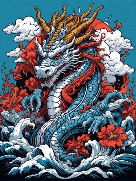 Japanese dragon on waves | Premium AI-generated image