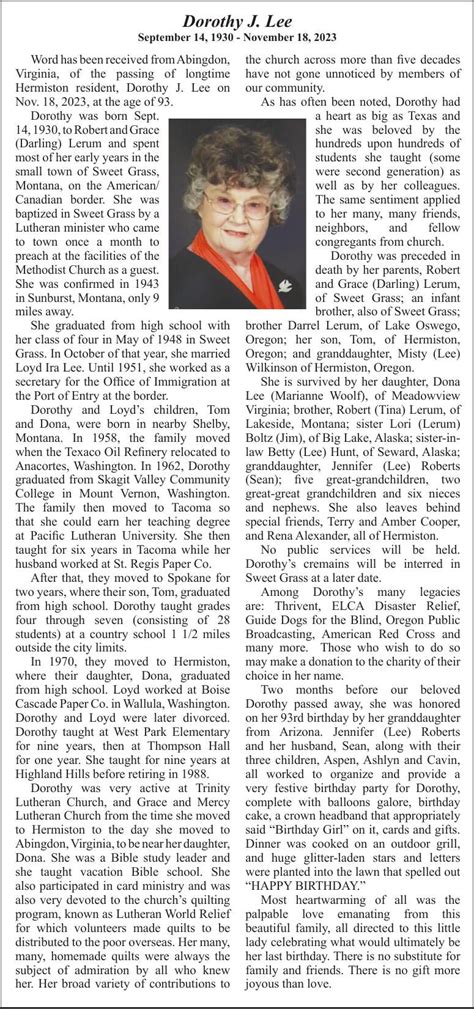 Obituary: Dorothy J. Lee, September 14, 1930 - November 18, 2023 ...