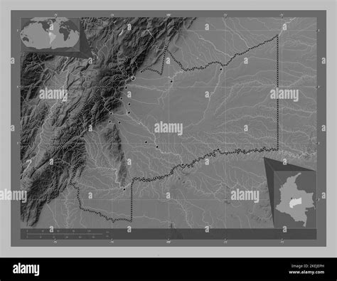 Meta, department of Colombia. Grayscale elevation map with lakes and rivers. Locations of major ...