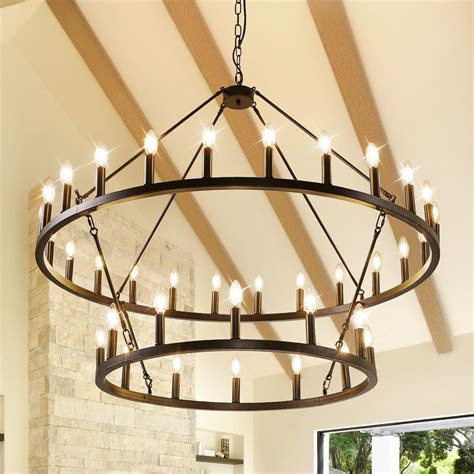 47 Inch Black Wagon Wheel Chandelier, 2 Tier 36-Lights Farmhouse Dining ...