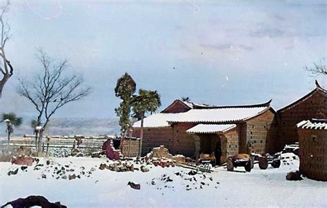 老照片：1944年的云南陆良，绿树掩映中的村落和雪中的农舍美景|云南|陆良|农舍_新浪新闻