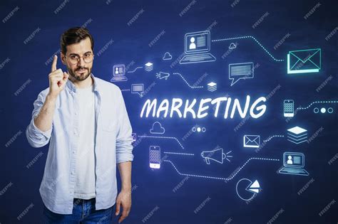 Man gesturing towards marketing text with digital icons and strategy ...