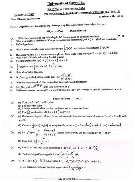 Calculus & Analytical Geometry Past Paper 2024 CS/SE/IT UOS - Shining Study