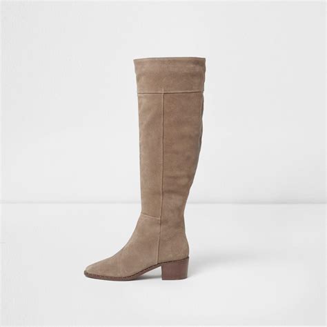River Island Beige Suede Studded Knee High Suede Boots in Natural | Lyst UK