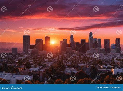 The Sun Rising Over Downtown Los and Beyond the Hills with Buildings ...