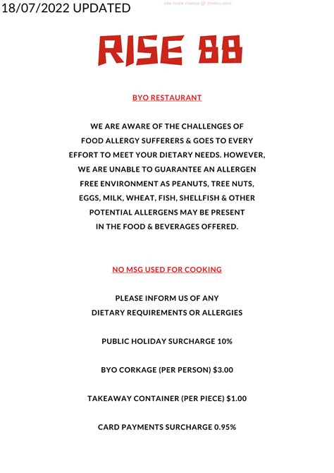 Menu at RISE 88 ASIAN FUSION FOOD restaurant, Ulverstone