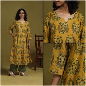 Yellow Natural Dyed Cotton Block Print A-Line Ajrakh Long Kurta for women