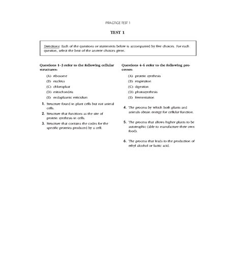 Biology Practice Test 1 with Key - Directions: Each of the questions or ...