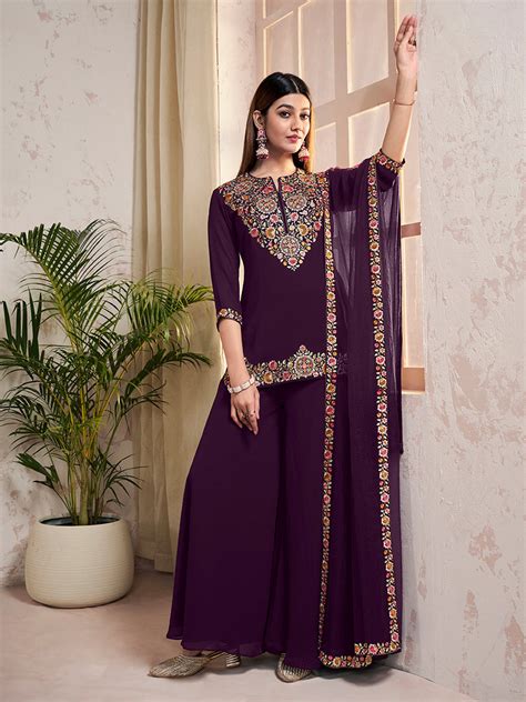 Women Floral Yoke Design Regular Thread Work Top with Palazzos ...